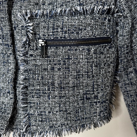 Banana Republic Blue White Black Tweed Crop Length Zip-up Blazer Jacket Size 2 - Picture 3 of 12